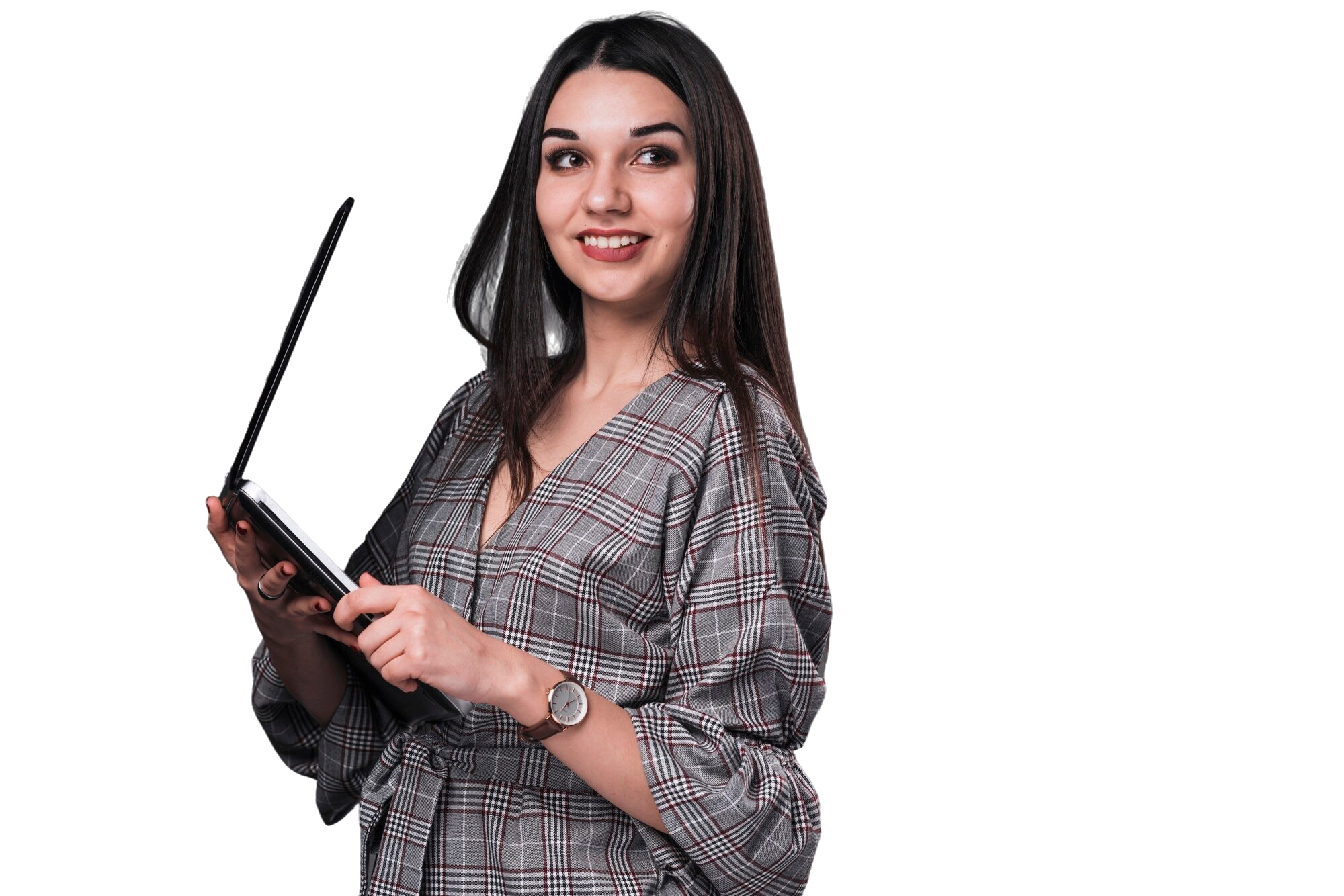 smiling woman holding laptop